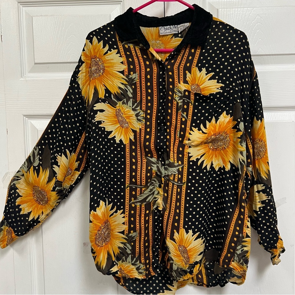 Vintage Sunflower Print Long Sleeve Button Down Shirt Size M Blouse